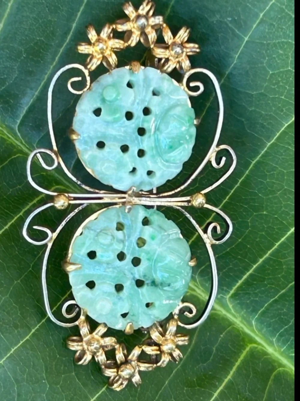 Chinese Export Gold Vermeil Filigree Silver Carved Jade Jadeite butterfly pin